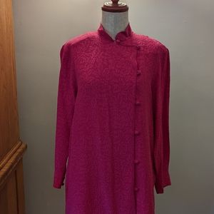 YI LIN Pink Embossed Floral Print Silk Shirt Blouse Size Small Mandarin Collar